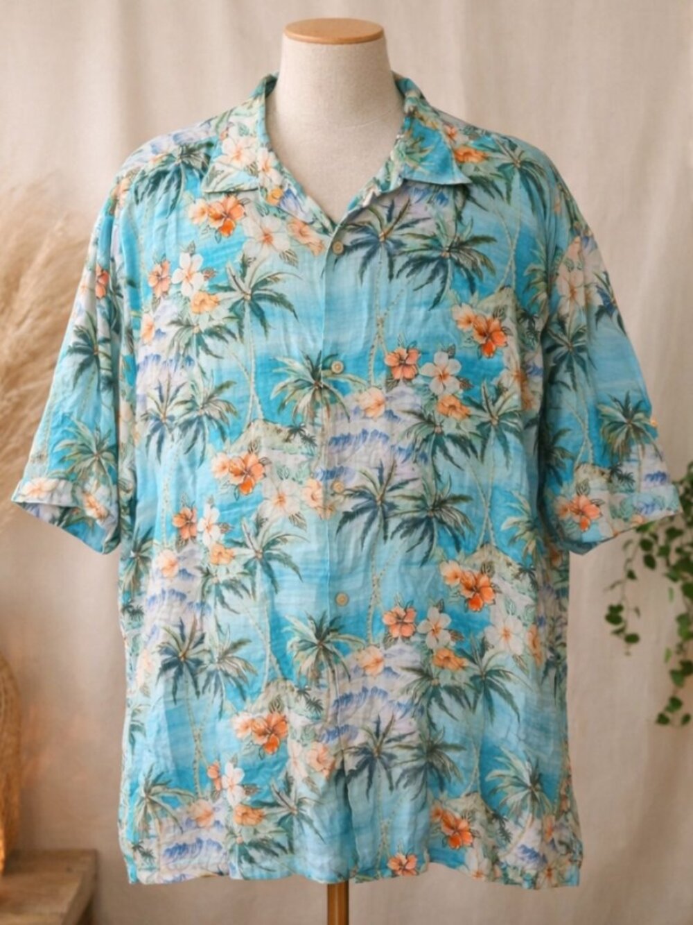 Tommy Bahama Linen Hawaiian Shirt XXXL Coastal Resort Beach Floral Teal Tropical